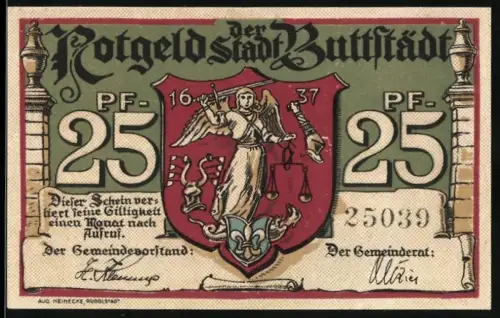 Notgeld Buttstädt, 25 Pfennig, Justitia-Wappen und Denkmal mit Figuren im Park