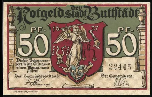 Notgeld Buttstädt, 50 Pf, Justitia und Kornmarkt mit Rathaus