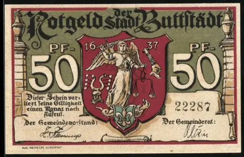 Notgeld Buttstädt, 50 Pfennig, Stadtwappen mit Justitia und Ortsansicht mit Garküche