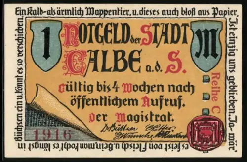 Notgeld Calbe a.d. S. 1916, 1 Mark, Flusslandschaft mit Ortsansicht und Gedicht