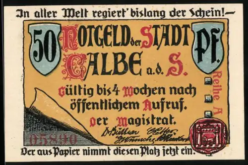 Notgeld Calbe a.d. S., 50 Pf, Rathaus mit Bäumen und Gebäuden im Hintergrund