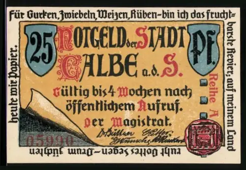 Notgeld Calbe a. d. S., 25 Pf, Ortsansicht mit Bäumen und Denkmäler