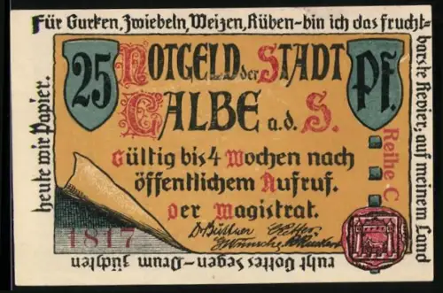 Notgeld Calbe a. d. S., 25 Pf, Ortsansicht mit Strasse und Häusern