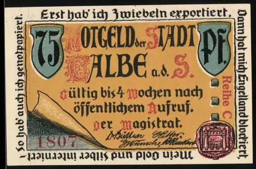 Notgeld Calbe a. d. S., 75 Pf, Statue von Roland und Stephanikirche mit Sonnenuhr