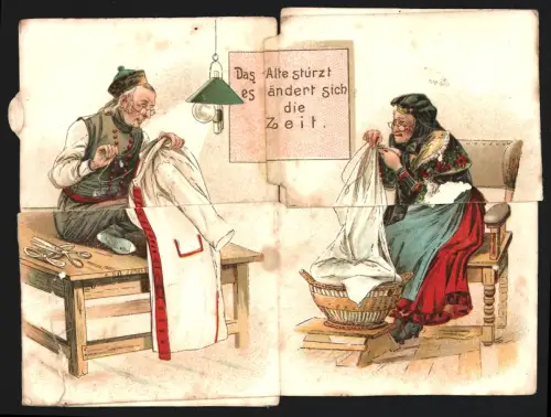 Sammelbild Koch`s Adler Nähmaschine und Eisengiesserei, Aufklappbare Ansichten von jungem und altem Paar beim Nähen