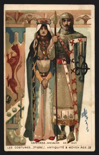 Sammelbild Paris, A. Koblenz, Fabrique de Chaussures, Bewaffneter Ritter steht neben einer Frau