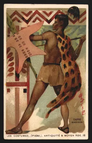 Sammelbild Paris, A. Koblenz, Fabrique de Chaussures, Eingeborener mit Schild und Leopardenfell