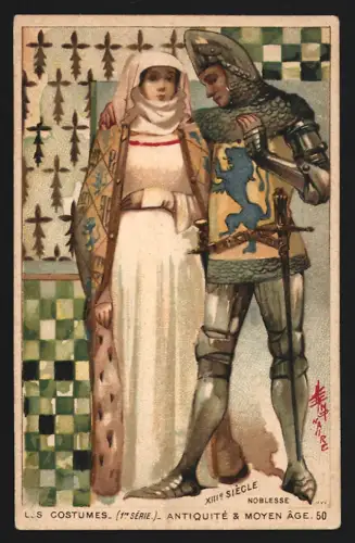 Sammelbild Bordeaux, Carillon, Cours Victor Hugo 140, Cordonnerie, Soldat in Rüstung steht neben einer Adligen