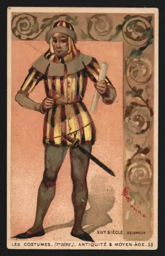 Sammelbild Bordeaux, Carillon, Cours Victor Hugo 140, Cordonnerie, Mann mit Schriftrolle und Dolch