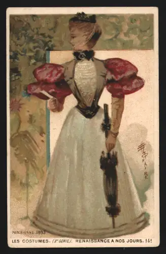 Sammelbild Bordeaux, Carillon, Cours Victor Hugo 140, Cordonnerie, Elegante Dame mit Schirm und modischer Kleidung