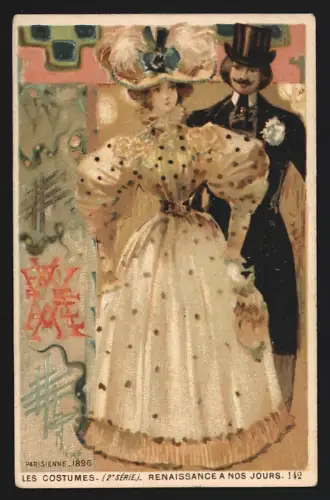 Sammelbild Bordeaux, Carillon, Cours Victor Hugo 140, Cordonnerie, Elegantes Paar in Paris um 1896