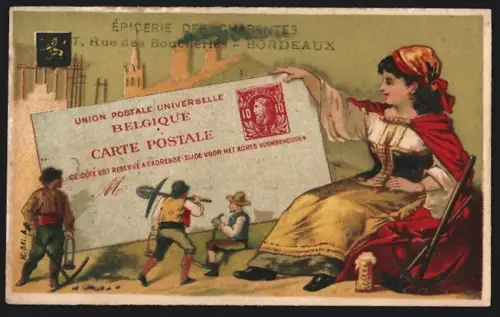 Sammelbild Bordeaux, Lhoumaud & Nauge, Epicerie des Charentes, Grosse Frau neben Bergarbeitern