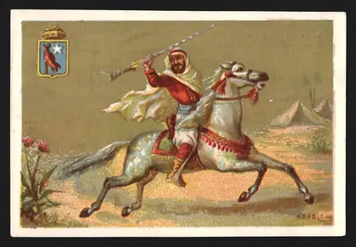 Sammelbild Bruxelles, J. Goffin Fils, Imprimerie et Lithographie, Arabischer Mann mit Gewehr auf einem Pferd