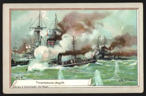 Sammelbild Itzehoe, Chr. Bachmann & Petersen, Buchhandlung und Druckerei, Torpedoboot beim Angriff