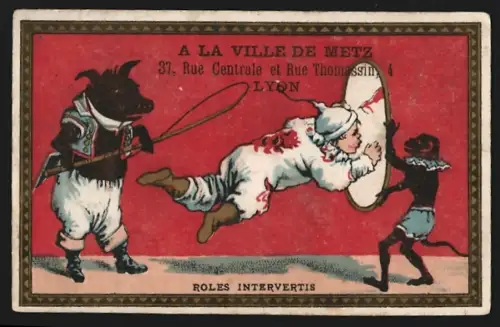 Sammelbild Lyon, S. Meyer, Costumes & Confections, Pierrot springt in einen Spiegel