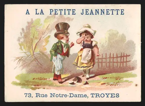 Sammelbild Troyes, À La Petite Jeannette, Nouveautés et Soieries, Eleganter Herr mit Zylinder trifft auf ein Mädchen