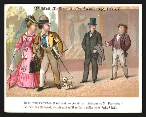 Sammelbild Dijon, J. Fabureau, Tailleur, Personen in eleganter Kleidung vor einem Schaufenster