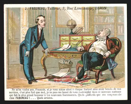 Sammelbild Dijon, J. Fabureau, Tailleur, Zwei Männer unterhalten sich an einem Schreibtisch
