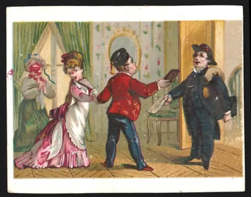 Sammelbild Troyes, Mme. Camusat Bailly, Mercerie, Bonneterie, Lingerie, Elegante Dame mit Fächer lauscht einem Gespräch