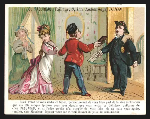 Sammelbild Dijon, J. Fabureau, Tailleur, Elegante Dame mit Fächer lauscht einem Gespräch