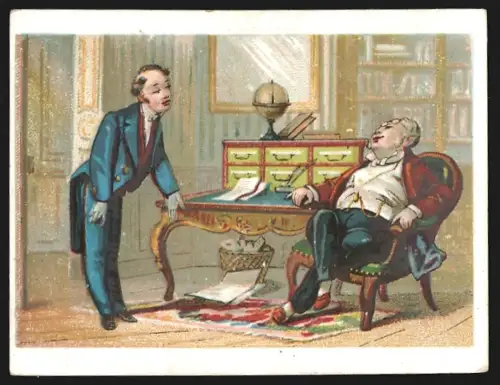 Sammelbild Troyes, Mme Camusat Bailly, Mercerie et Bonneterie, Zwei Herren unterhalten sich am Schreibtisch