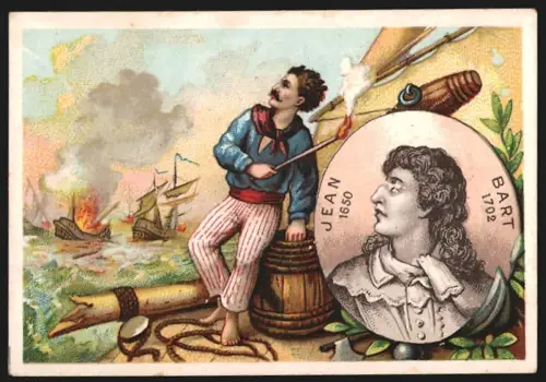 Sammelbild Paris, Th. Lahaye, Vins, Schiffbrüchiger neben Portrait von Jean Bart