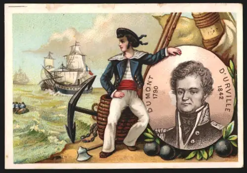 Sammelbild Paris, Th. Lahaye, Vins, Matrose neben Portrait von Forscher Jules Dumont D`Urville