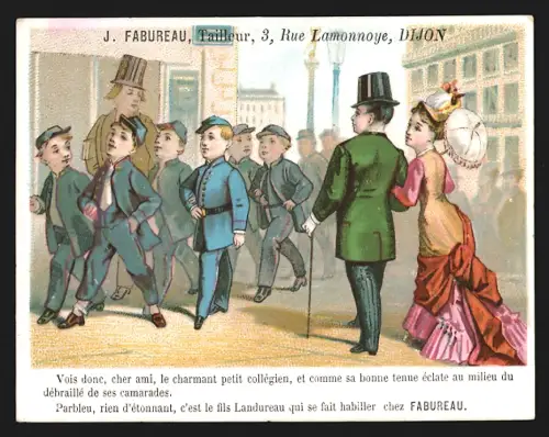 Sammelbild Dijon, J. Fabureau, Tailleur, Elegantes Paar beobachtet Schüler in Uniform