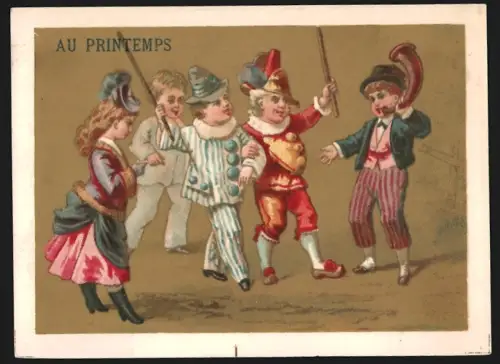 Sammelbild Paris, Exposition pour Étrennes & Cadeaux de Noel, Fröhliche Gesellschaft mit Horn und Pierrot