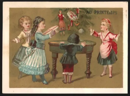 Sammelbild Paris, Exposition pour Étrennes & Cadeaux de Noel, Vier Kinder mit Geschenken an einem Tisch