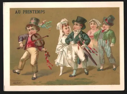 Sammelbild Paris, Exposition pour Étrennes & Cadeaux de Noel, Geiger läuft vor einer Hochzeitsgesellschaft