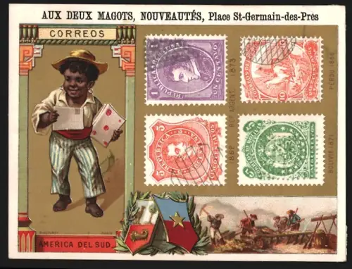 Sammelbild Paris, Aux Deux Magots, Nouveautés, Südamerikanisches Kind mit Tuchwaren in den Händen