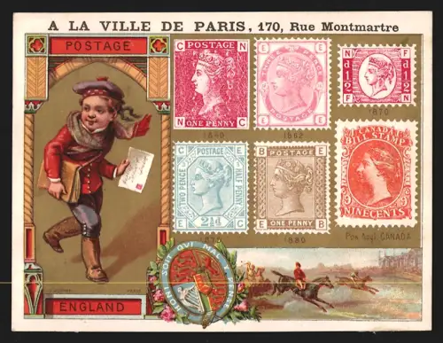 Sammelbild Paris, La Ville de Paris, Échantillons de toutes les Étoffes, Kind mit Tasche und Brief in der Hand