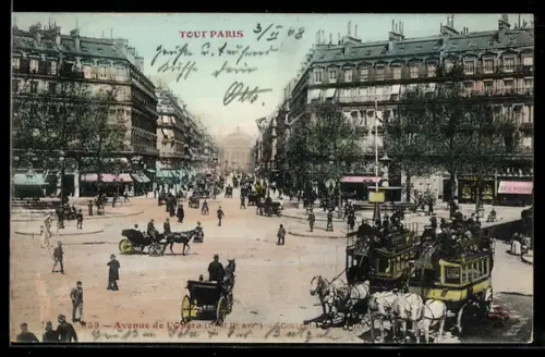 AK Paris, Avenue de l`Opéra, Vue animée avec omnibus et passants