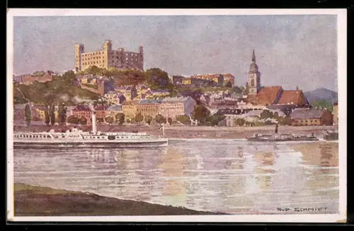 Künstler-AK Pozsony, Ansicht an der Donau mit Burg und Kirche