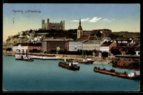 AK Pressburg, Donauufer mit Schloss und Schiffen