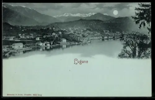 Mondschein-AK Lugano, Panorama am Seeufer mit Bergen und Vollmond