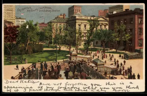 Lithographie New York, N.Y., City Hall Park, County Court House and Subway Station