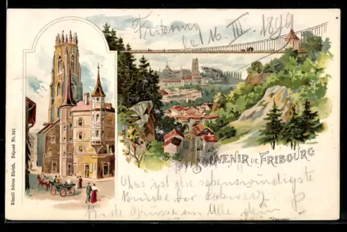 Lithographie Fribourg, Vue partielle et l`Église