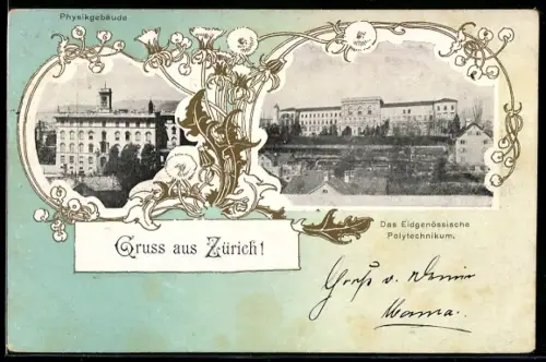 AK Zürich, Physikgebäude, Das Eidgenössische Polytechnikum, Jugendstil-Passepartout