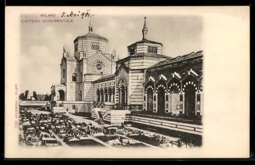 AK Milano, Cimitero Monumentale, vista dell`entrata principale e delle tombe adjacenti