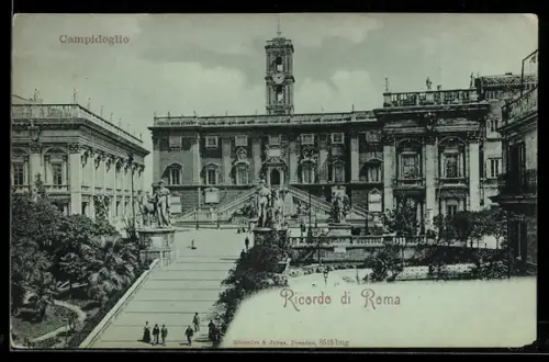 AK Roma, Campidoglio, Veduta della scalinata del Campidoglio con statue e Palazzo Senatorio