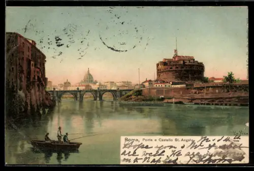 Künstler-AK Roma, Ponte e Castello St. Angelo, Angler im Boot, um 1900