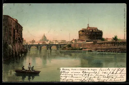 Künstler-AK Roma, Ponte e Castello St. Angelo, Angler im Boot, um 1900