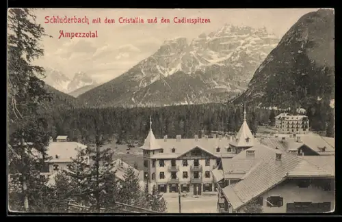 AK Schluderbach /Ampezzotal, Panorama mit dem Cristallin und den Caldinispitzen
