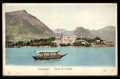 AK Isola di Garda, Boot auf dem Weg zur Insel im Gardasee