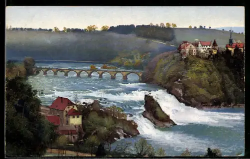 Photochromie-AK Schaffhausen, Rheinfall mit Schloss Laufen
