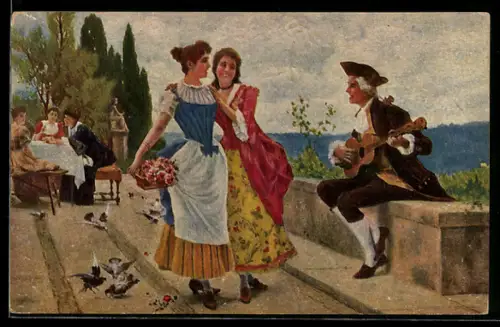 Künstler-AK F. Andreotti Degi Nr. 917, Musiker spielt für Mädchen ein Lied