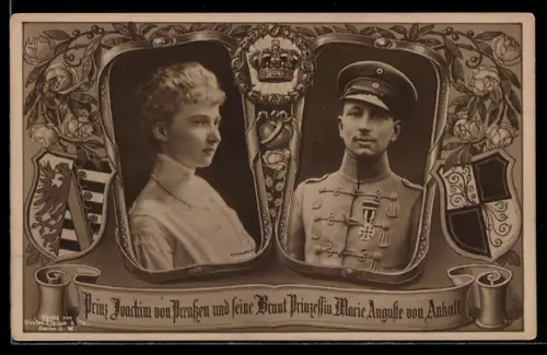 AK Prinz Joachim von Preussen in Husarenuniform u. seine Braut Prinzessin Marie Auguste von Anhalt, Wappen