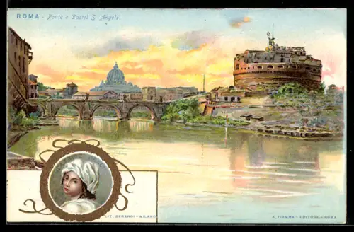 Lithographie Roma, Ponte e Gastel S. Angelo, Porträt Beatrice Cenci
